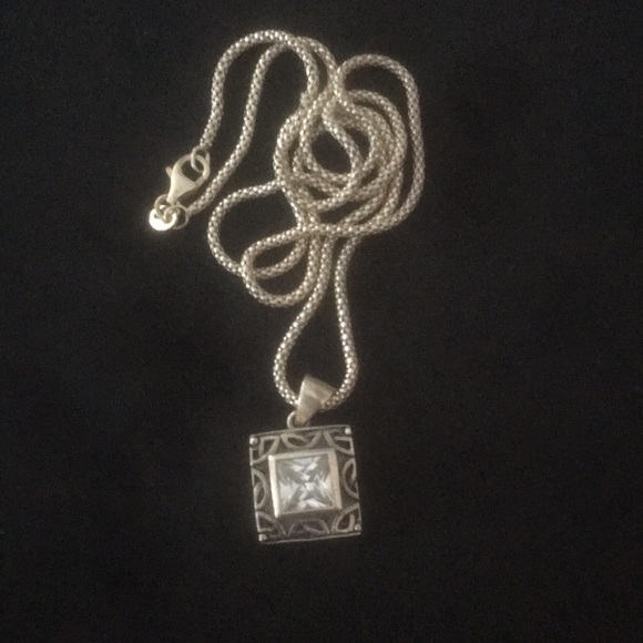 💕Host Pick💕Silver 3/4” sq Pendent and Box Chain w/crystal Cubic Zirconia - Picture 5 of 8